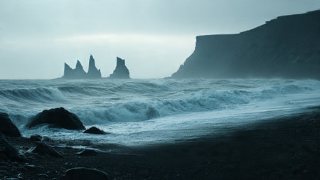 Famous Reynisdrangar rock formations on Reynisfjara beach, Iceland