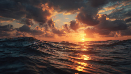 Beautiful seascape at sunset with clouds and sun rays reflected in water