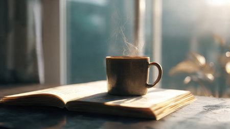 Cup of coffee on the windowsill in the morning with a bookの写真素材
