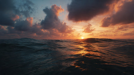 Beautiful seascape at sunset. Dramatic cloudscape over the ocean.