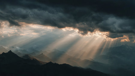 Sun rays through the clouds over mountains in Himalayas, Nepalの写真素材