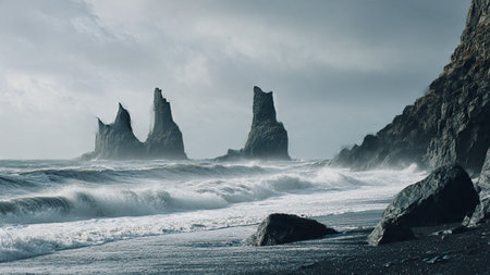 Famous Reynisfjara black sand beach in Iceland. Toned.の写真素材