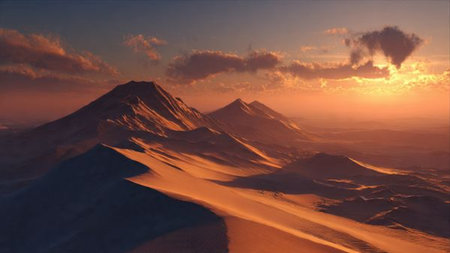 Aerial view of the volcano at sunrise. 3d render.の写真素材