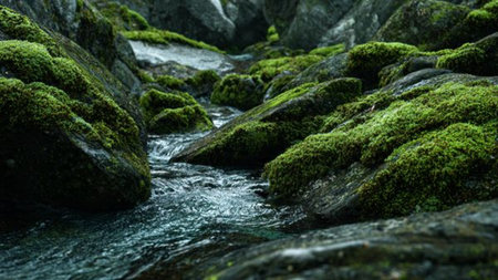 Mossy rocks in a mountain stream. Beautiful natural background.の写真素材