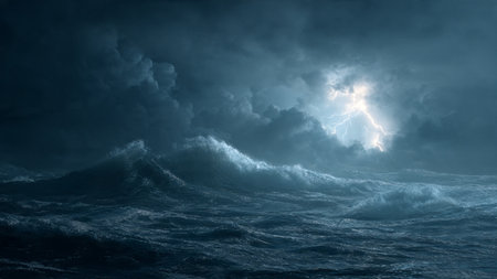 Stormy sea with stormy waves and lightning, 3D rendering