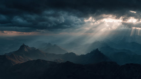 Dramatic sunset over the mountains in Himalayas, Nepalの写真素材