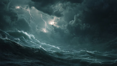 Dark stormy sky with lightning and stormy sea waves. 3D rendering