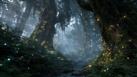 Foggy forest with glowing lights in the morning, Taiwan.