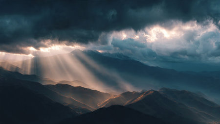 Sun rays passing through the clouds in the Himalaya mountains, Nepal
