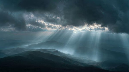 Sun rays shining through the clouds in the mountains. Dramatic sky.