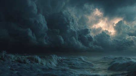 Stormy sea. Dramatic stormy sky. 3D illustration