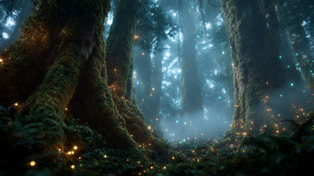 Foggy forest with glowing lights at night. 3D renderingの写真素材