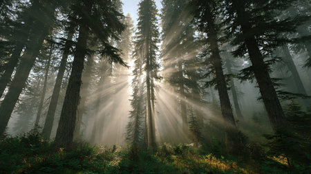 Foggy morning in the coniferous forest with sun rays