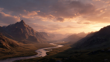 Mountain landscape with a river at sunset. Panoramic view