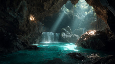 Cave with turquoise water and sunlight
