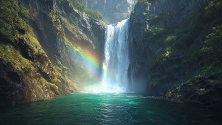 Waterfall with rainbow in the mountains, Milford Sound, New Zealand