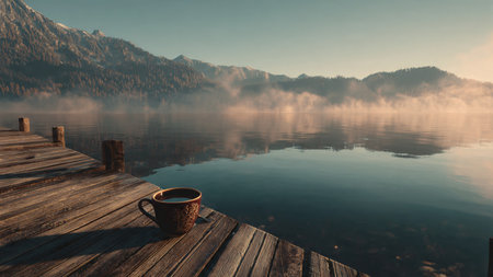 Cup of coffee on a wooden pier on a mountain lake.の写真素材