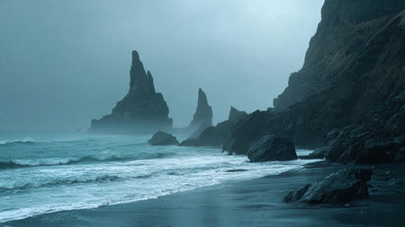 Foggy day at Reynisfjara Beach, Iceland.