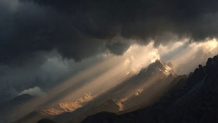 Sun rays shining through the clouds in the Himalayas, Nepalの写真素材