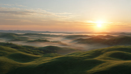 Sunrise in the morning on the green hills in the fog.