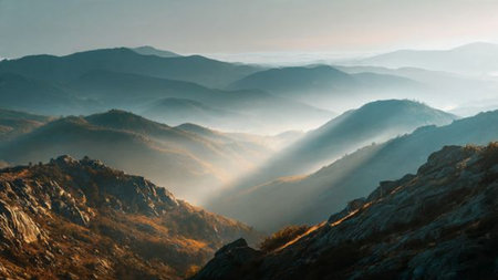 Mountain landscape with fog in the morning light. Crimea, Ukraine