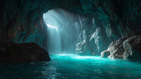 Cave entrance with turquoise water and light from inside.の写真素材