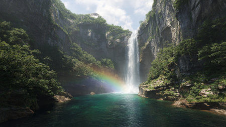 Beautiful waterfall in the forest with rainbow in the sky, Khao Sok National Park, Thailand