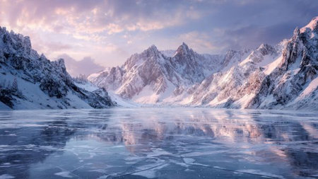 Frozen lake and snowy mountains in the background at sunset. Beautiful winter landscape.