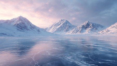Frozen lake and mountains at sunset. 3d render illustration.