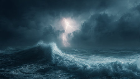 Stormy sea with lightning in stormy sky. 3D rendering