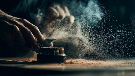 Close up of a man's hand pouring powderの写真素材
