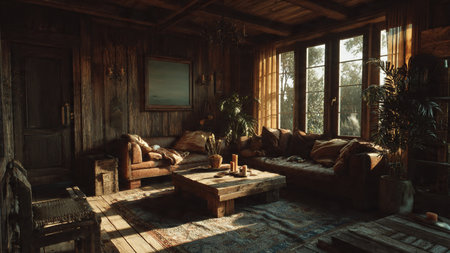 Interior of an old wooden house in the style of the 19th centuryの写真素材