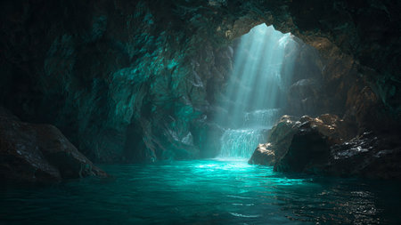 Underwater cave with light rays coming from inside. 3d rendering