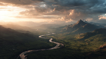 Aerial view of a mountain river at sunset. Mountain landscape.