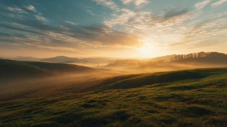 Foggy morning in the mountains. Landscape with fog and sunの写真素材