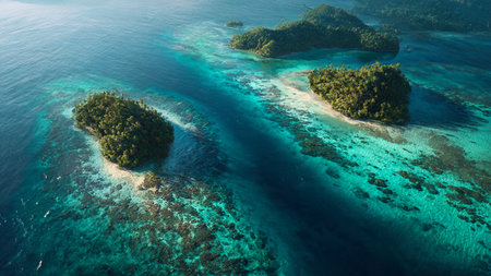 Aerial view of tropical island with coral reef and blue sea.