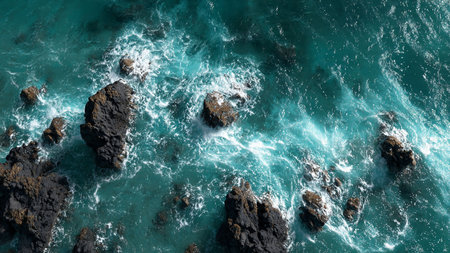 Aerial view of ocean waves crashing on the rocks. Top viewの写真素材