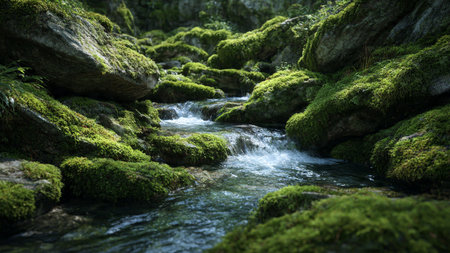 mountain stream with moss and rocks in the forest at summer timeの写真素材