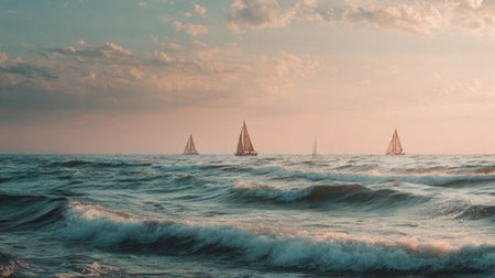 Sailing boats on the sea at sunset. Beautiful seascape.の写真素材