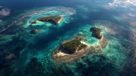 Aerial view of tropical island with coral reef and turquoise sea