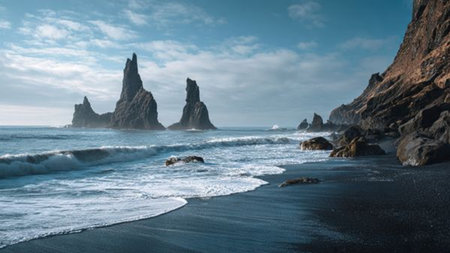 Black sand beach at Reynisfjara, Iceland. Panorama
