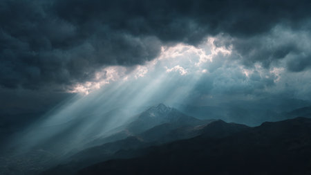 Dramatic sky with clouds and sunbeams in the mountainsの写真素材