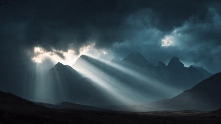 Dramatic sky with sunbeams and storm clouds over mountainsの写真素材
