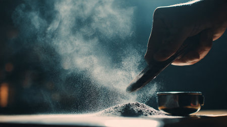 Close-up of a man sifting flour from a spoon.の写真素材