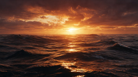 Sunset in the sea with clouds and rays of light on the horizon