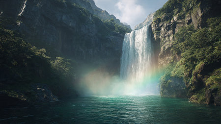 Panorama of Milford Sound waterfall in New Zealand. Long exposure