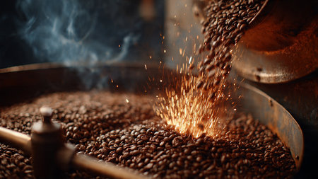 Coffee beans being roasted in a roasting machine, close-upの写真素材