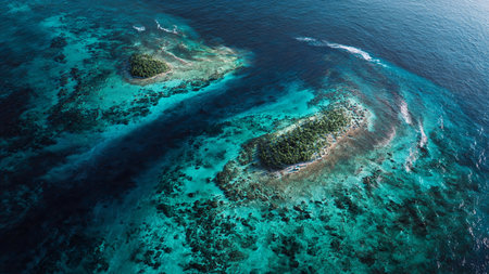 Aerial view of a tropical island with coral reef and turquoise water