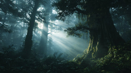 Beautiful misty forest in the morning with tree trunks and sunlight