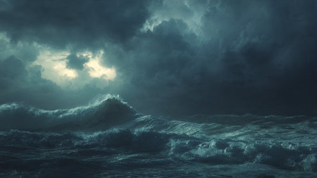 Dark stormy sea with stormy clouds. 3d render illustration